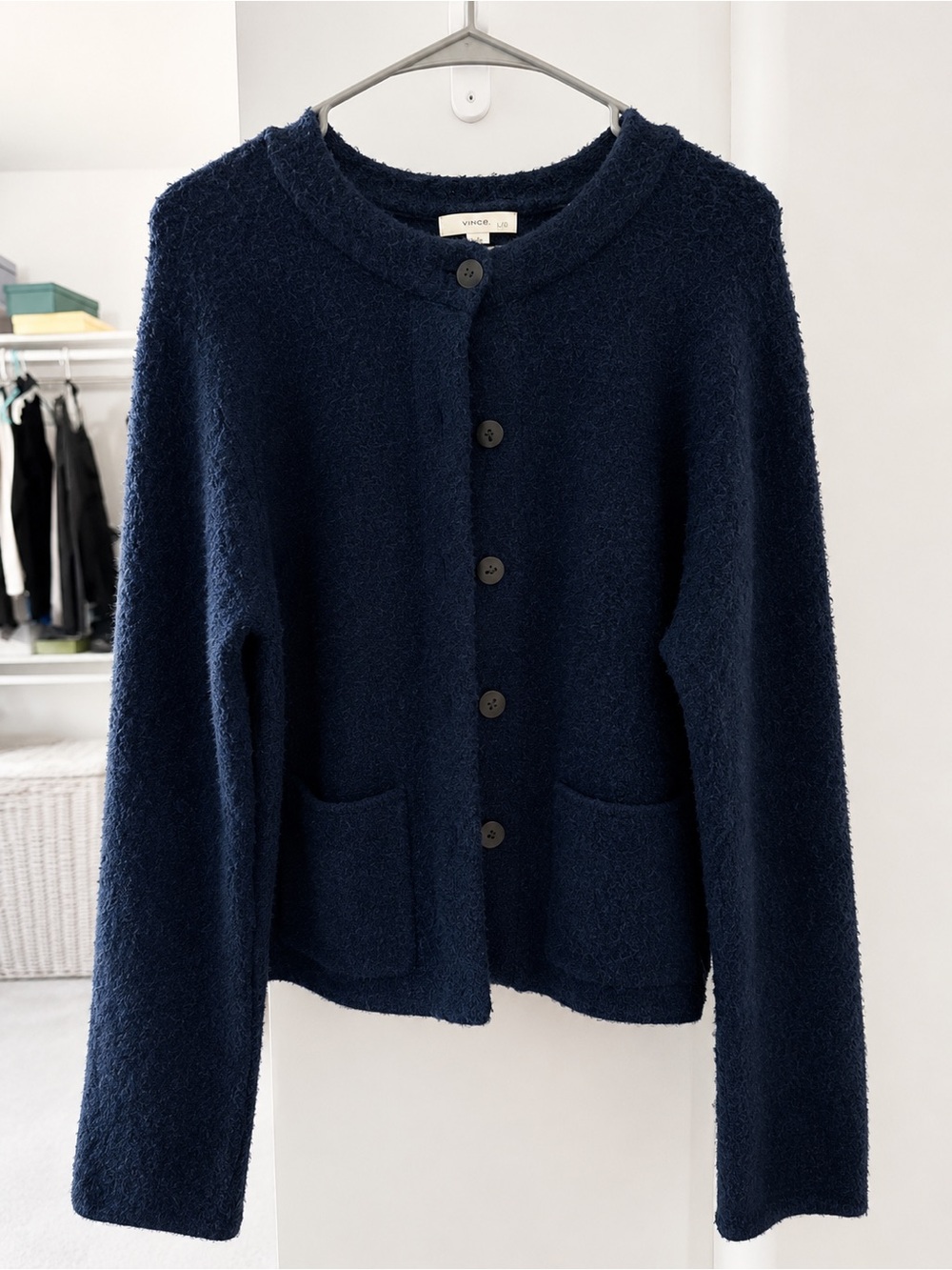 NWOT Vince Navy Bouclé Wool Alpaca Blend Button Front Cardigan Sweater Size L